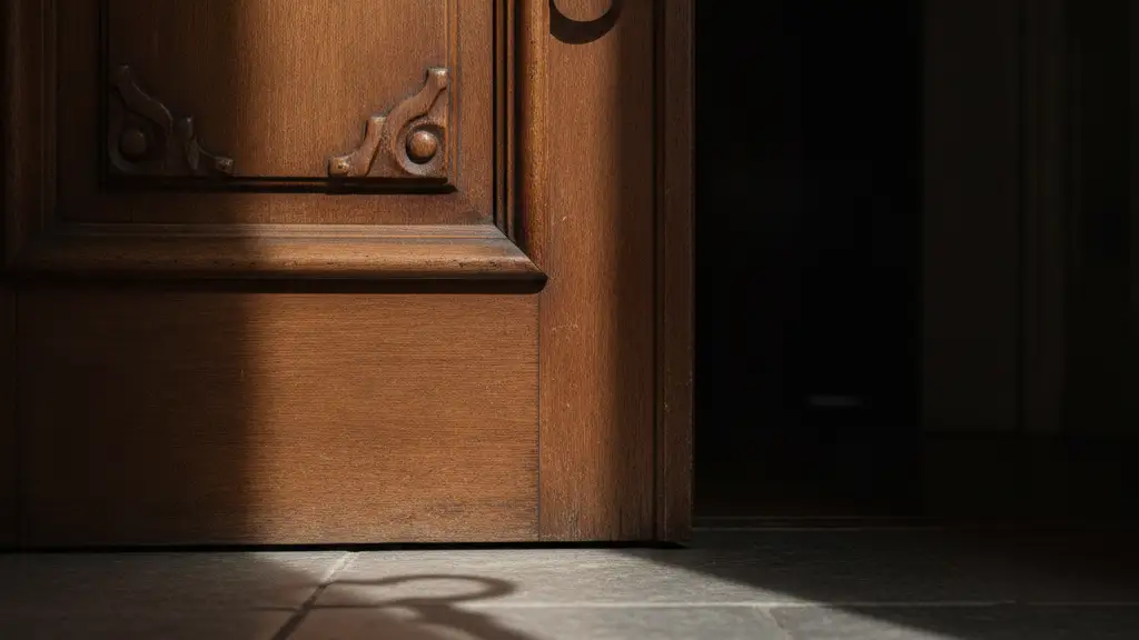 Ornate wooden door slightly ajar, with a key's shadow on the floor.