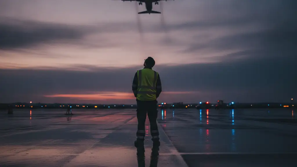 Silhouetted airport worker on a wet tarmac watching a plane take off at dusk.