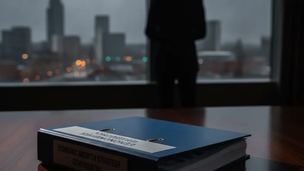 Confidential economic strategy file on a desk, blurred figure looking at Manchester.