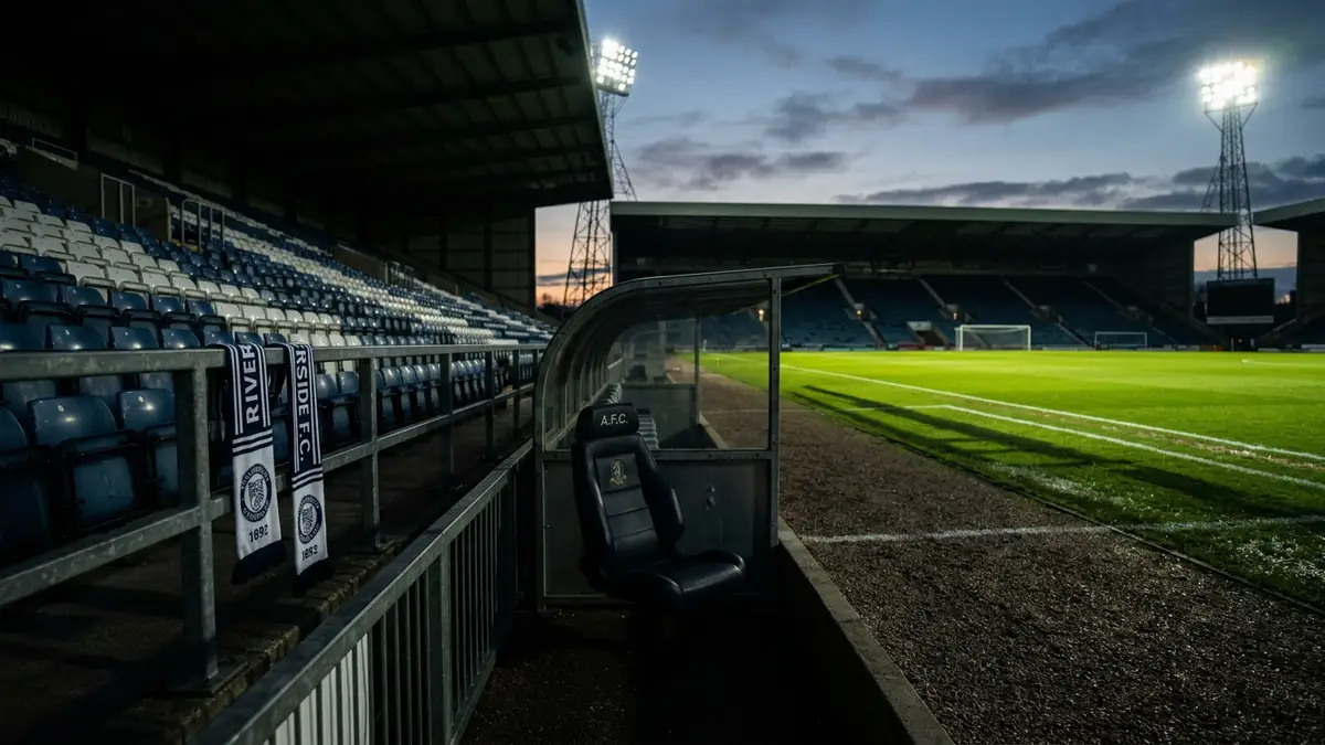 An empty stadium dugout and a discarded team scarf under bright floodlights at night.