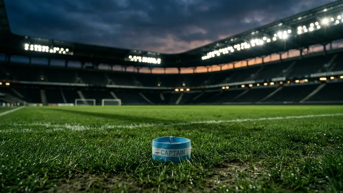 A blue captain's armband lies on a professional football pitch under stadium lights at night.