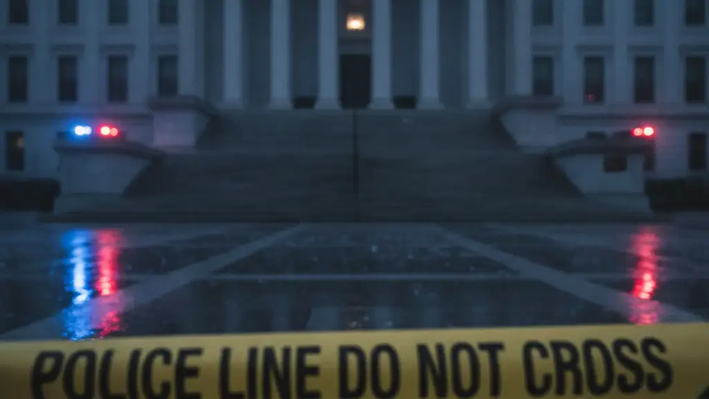 Police tape in foreground, blurred government building with emergency lights reflecting in puddles.