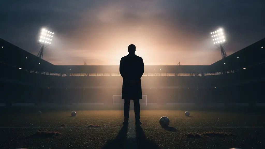 A silhouetted football manager stands on an empty pitch under stadium lights.