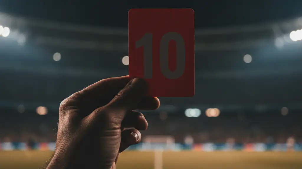 Referee's hand holding a red card against a blurred stadium background.