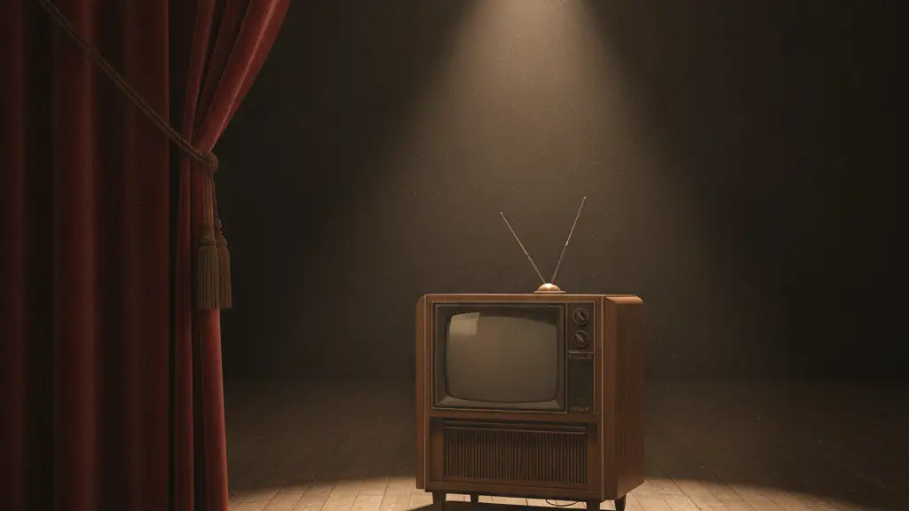 A dark, vintage television on an empty stage under a single spotlight.