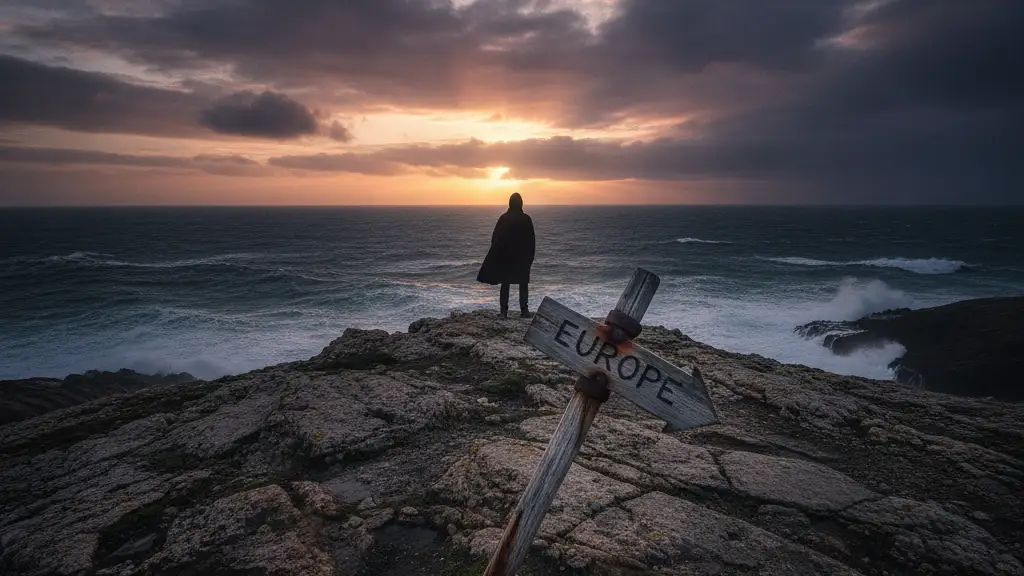 A lone, silhouetted figure stands on a rocky coastline looking out at a turbulent sea.