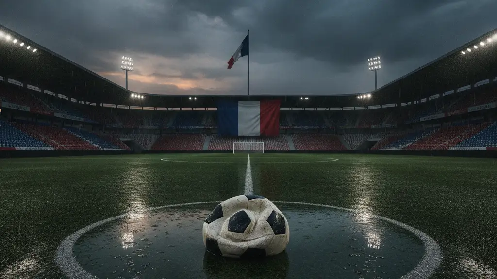 Deflated soccer ball on a wet, empty stadium pitch at dusk, French flag in background.