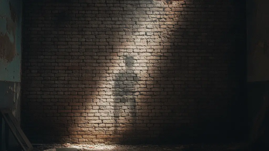 A dimly lit, weathered brick wall with a subtle, implied human outline.