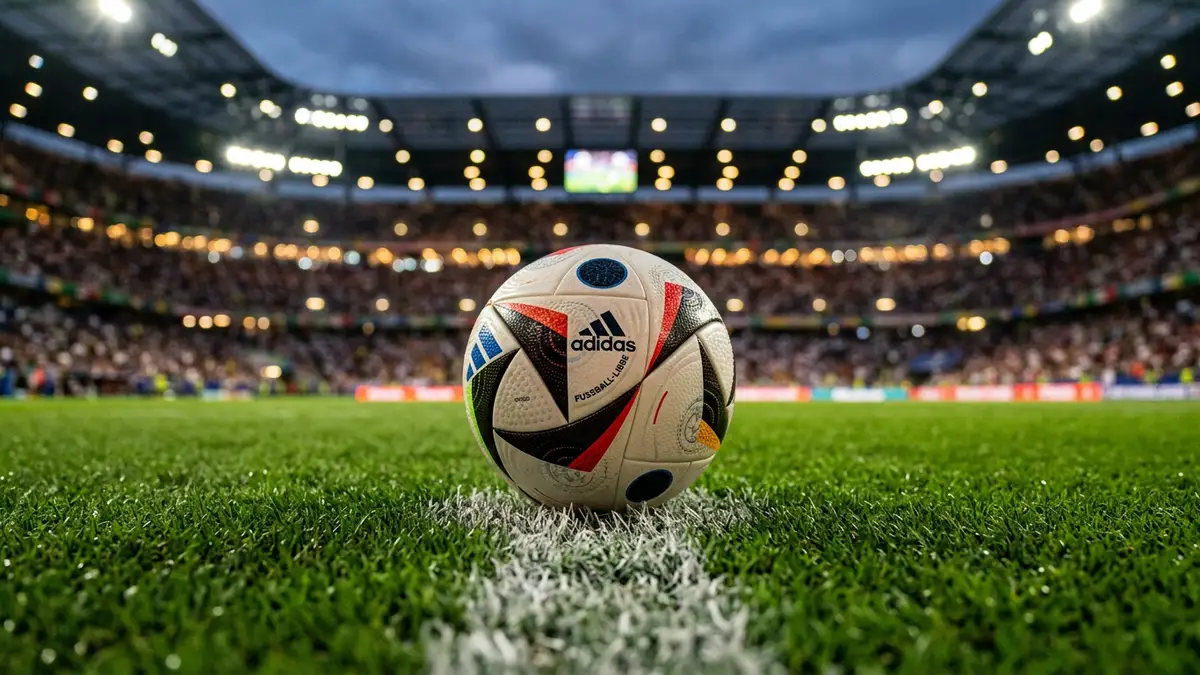 A professional football placed on a white penalty spot under bright stadium lights.