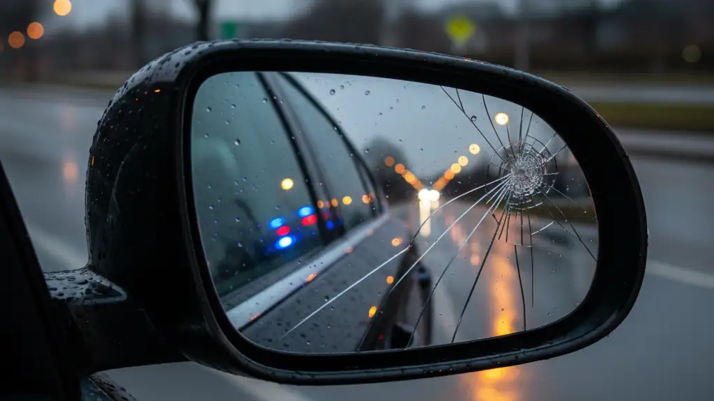 A cracked car side-view mirror reflecting emergency lights on a wet road at night.
