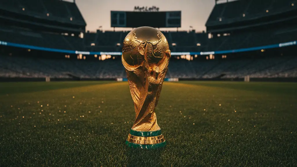 A golden football trophy stands alone on a stadium pitch at dusk.