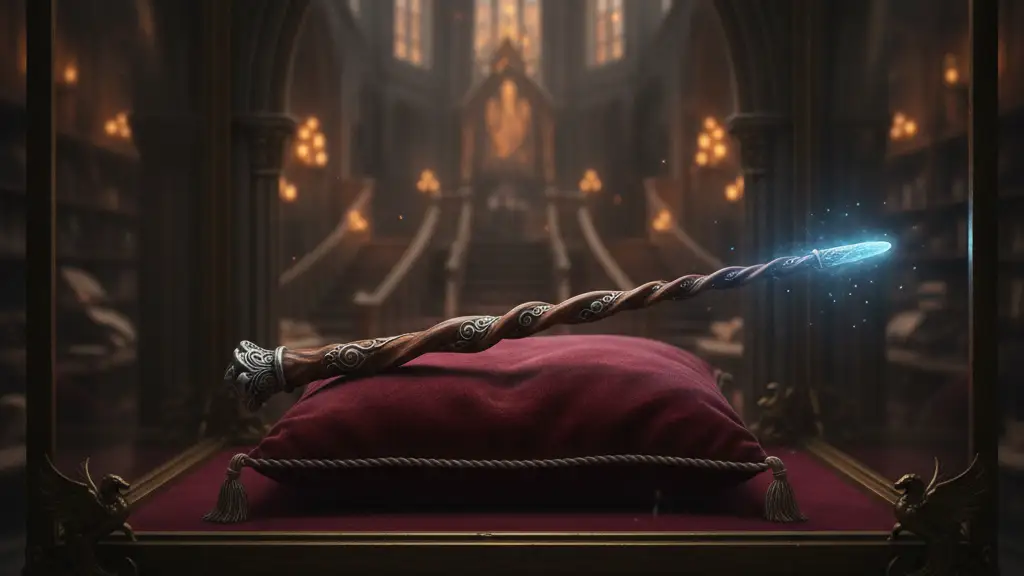 An ornate, glowing wand on a velvet cushion in a dimly lit display case.