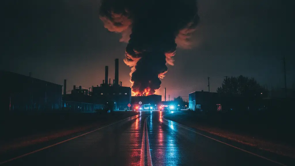 Emergency lights reflect on a wet road with smoke in the distance.