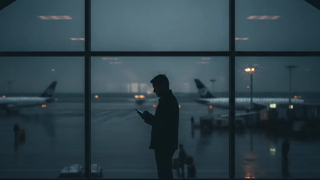 Silhouetted figure looking out airport window at runway, holding glowing smartphone.
