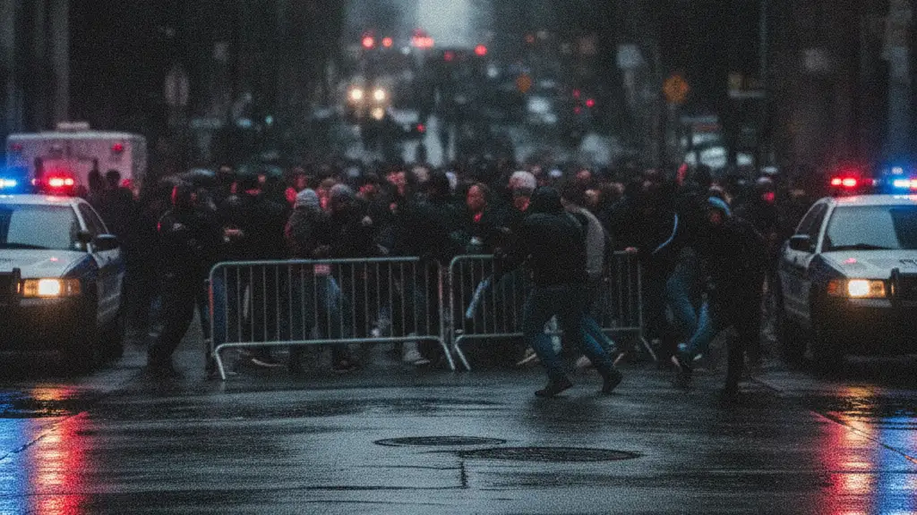 Blurred crowd pushing against a barrier with emergency lights reflecting on wet ground.