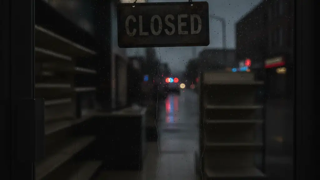 A 'CLOSED' sign on a dark, empty store window, reflecting emergency lights.