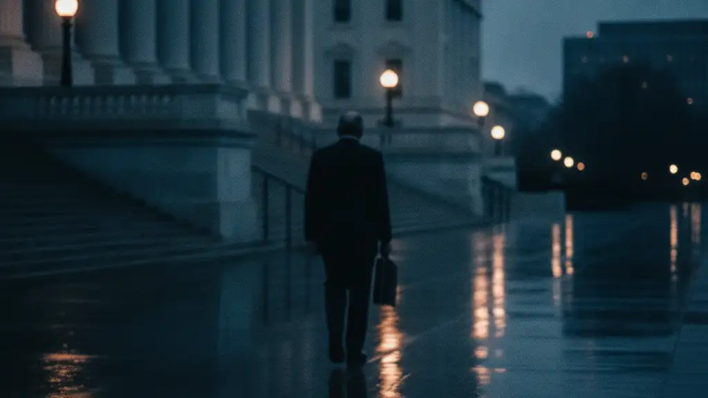 Silhouette of a figure with a briefcase approaching a grand government building.