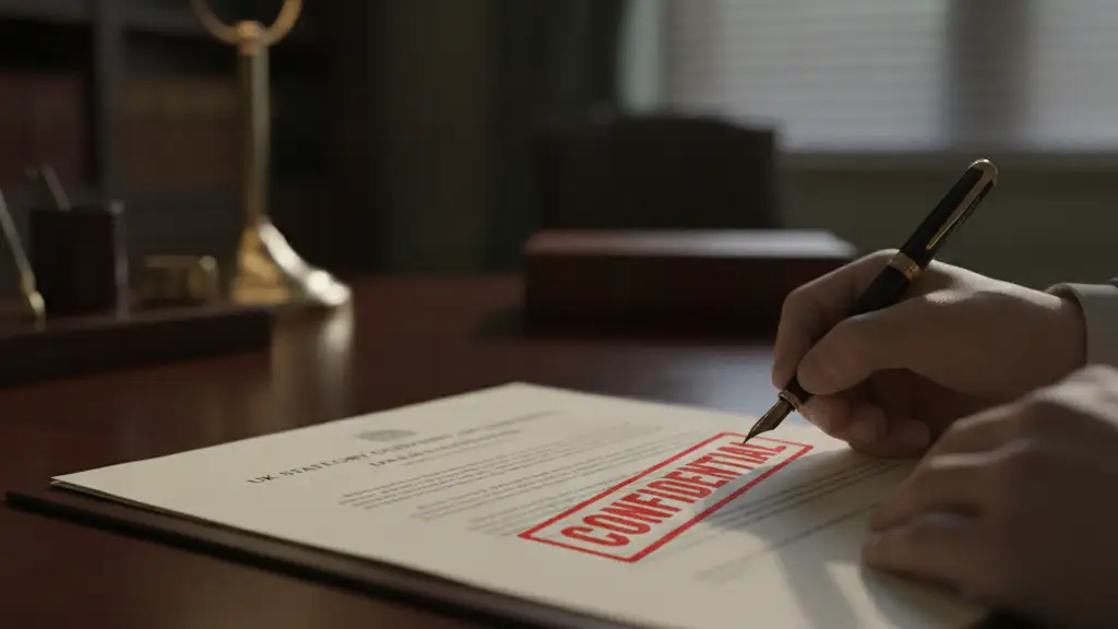 Confidential document on UK laws with a blurred hand holding a pen.