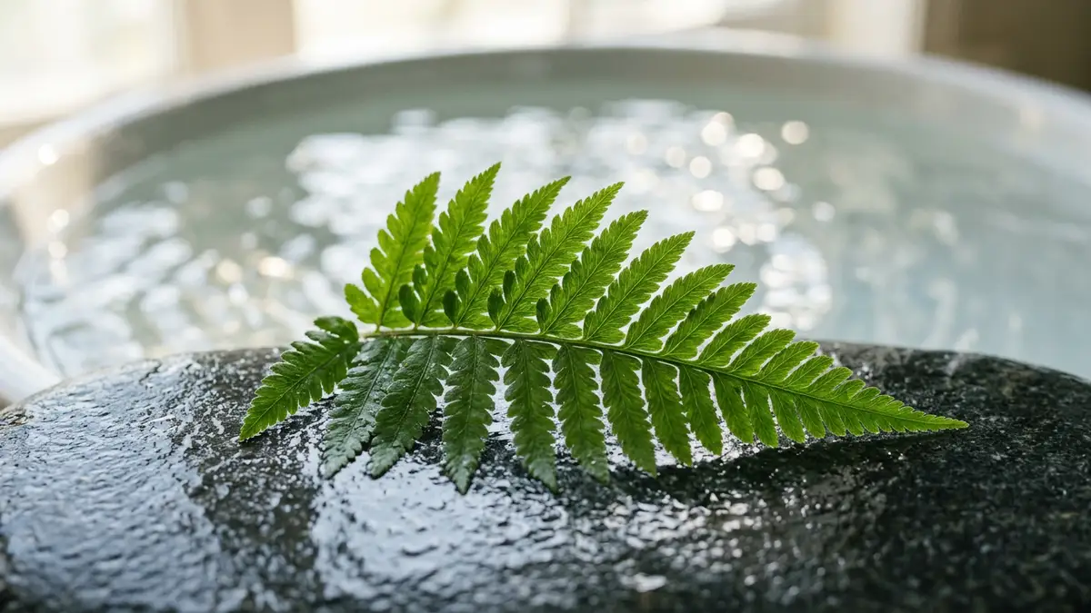 A green fern leaf resting on a dark stone next to gentle water ripples.