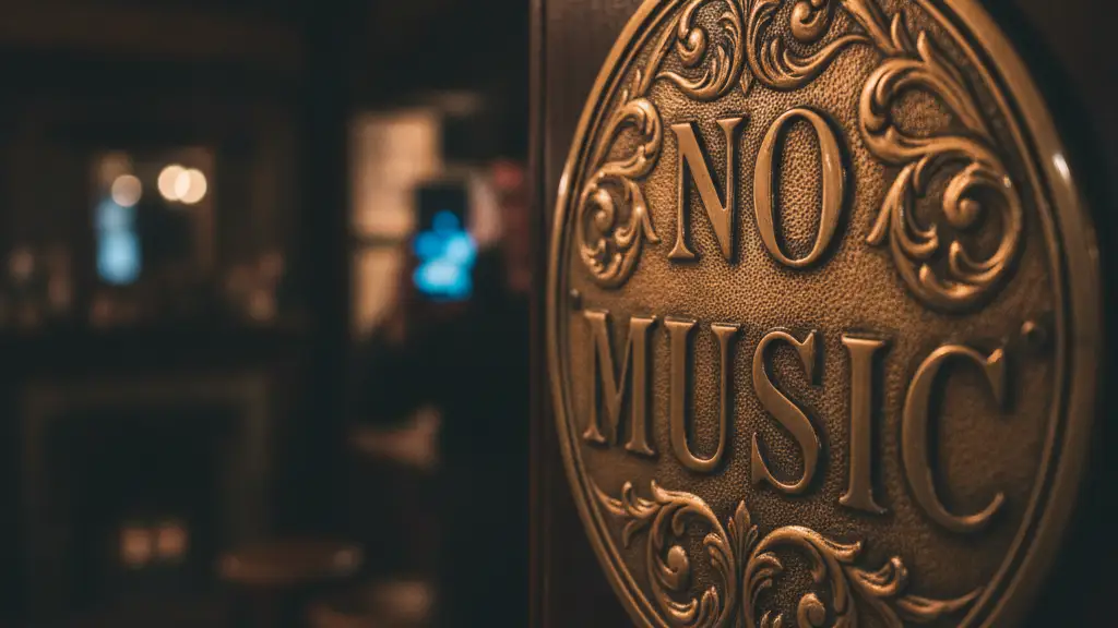 Vintage 'NO MUSIC' sign in a dimly lit pub, with a blurred smartphone in background.