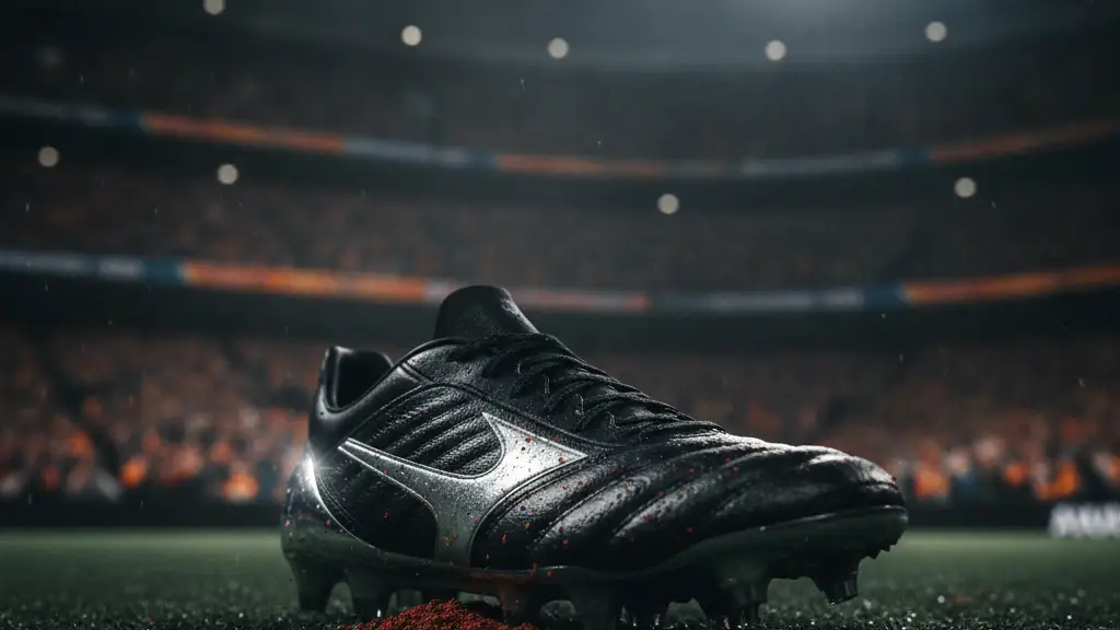 Close-up of a football boot on a pitch, stadium lights in blurred background.