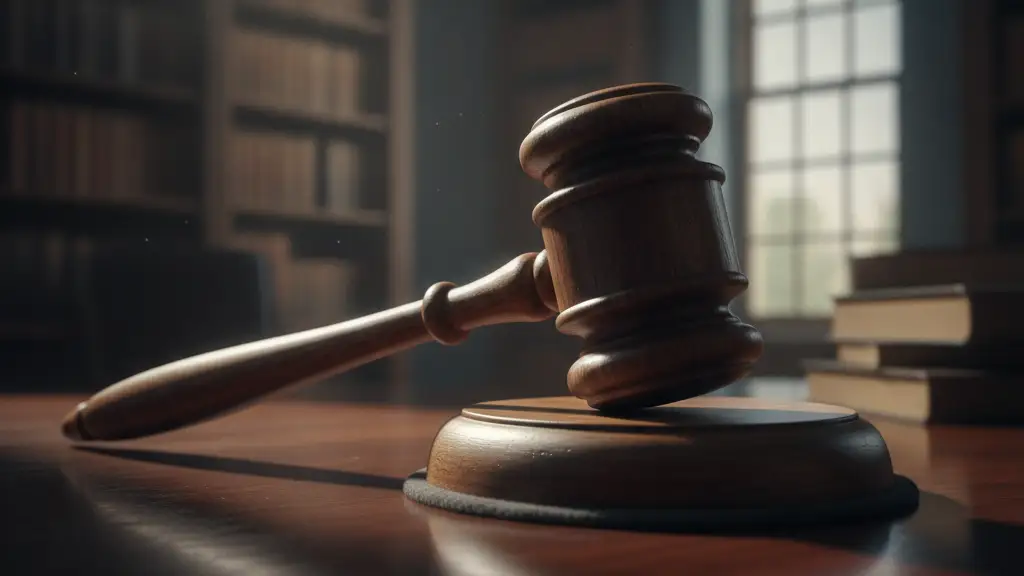 A heavy wooden gavel rests on a dark, polished mahogany desk.