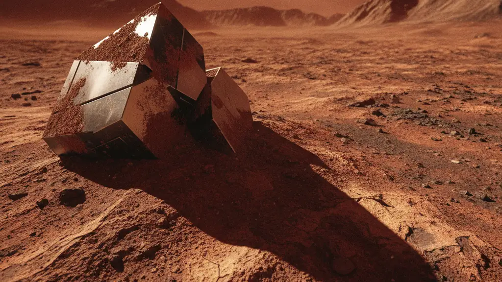 Unidentifiable metallic object partially buried in red Martian dust on a rocky surface.
