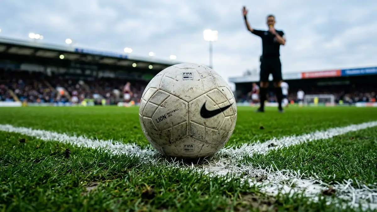 A soccer ball on a white pitch line with a blurred referee silhouette in background.