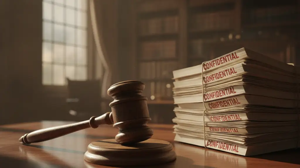 A heavy wooden gavel on a desk with confidential documents.