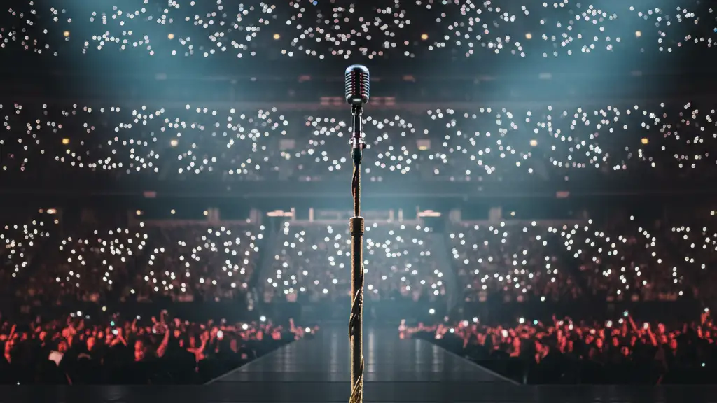A lone microphone stand on a dark stadium stage illuminated by blue and red lights.