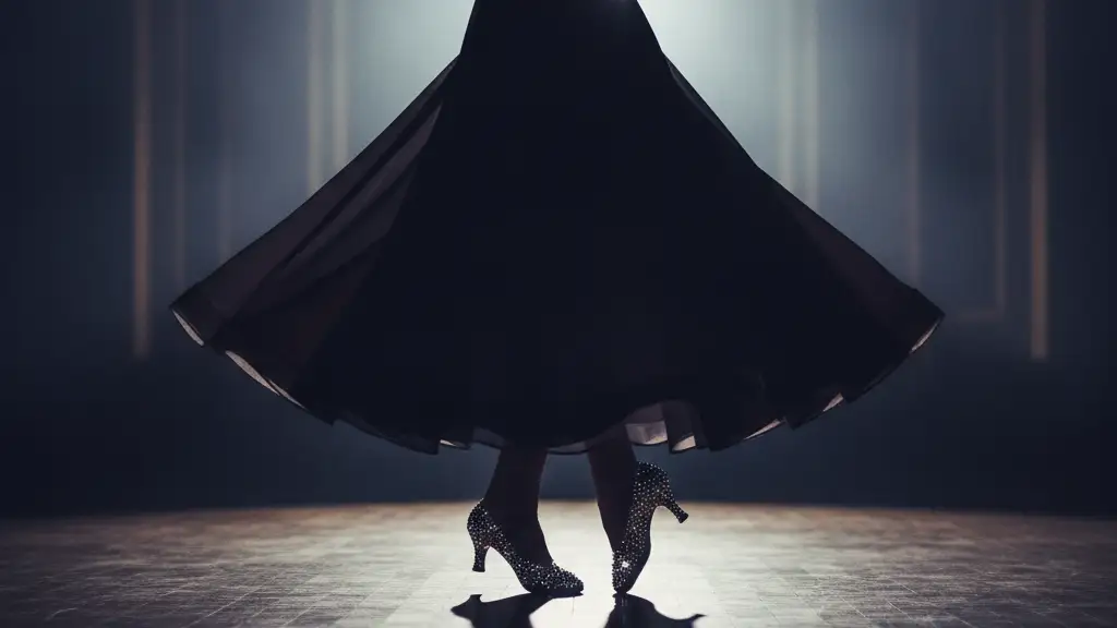Silhouette of a dancer in a gown, spotlight on a sparkling dance shoe.