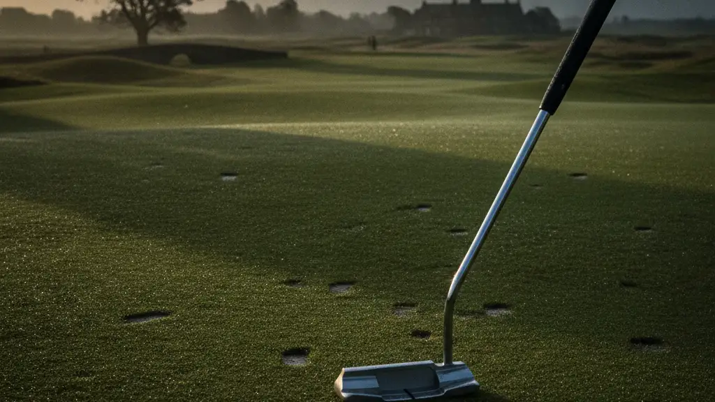 A putter rests on a wet, uneven golf green under a dramatic, cloudy sky.