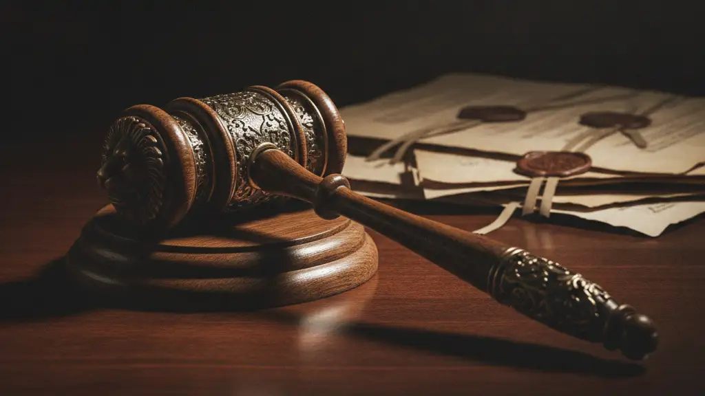 A heavy wooden gavel rests on a polished mahogany desk.