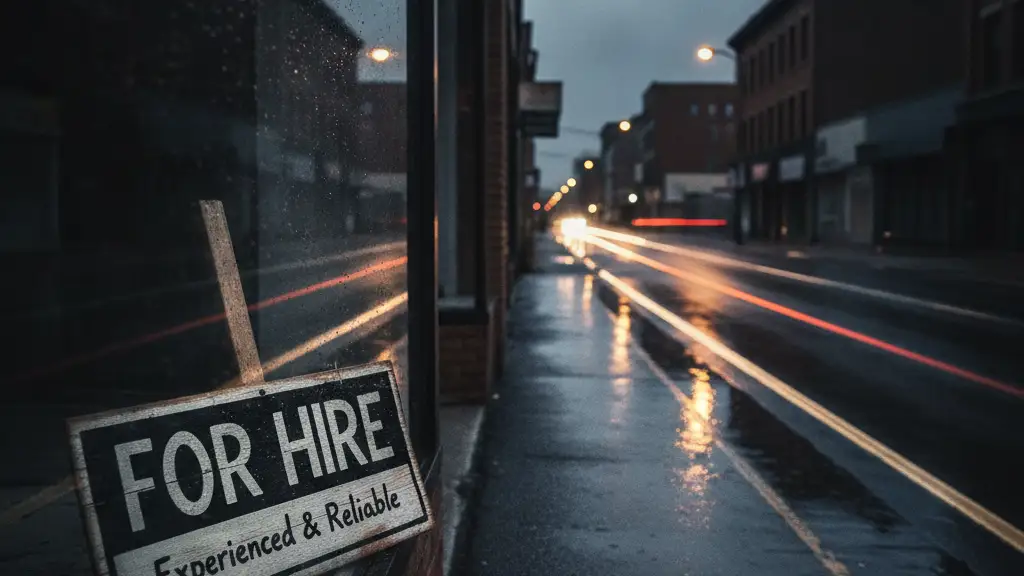 A weathered 'FOR HIRE' sign leaning against a dark, closed storefront window.