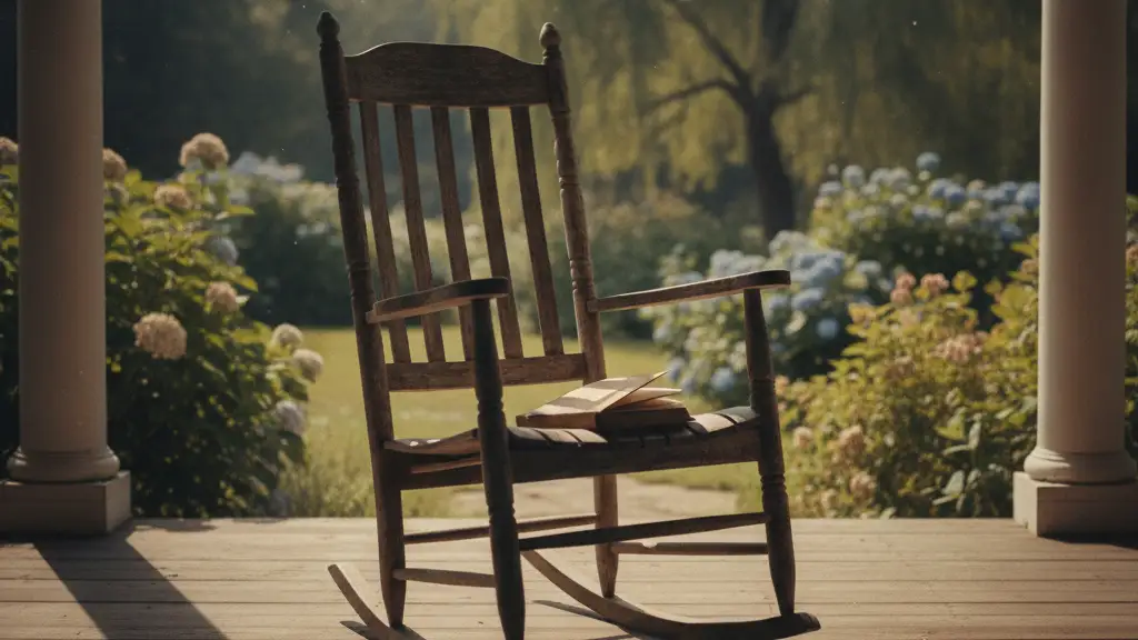 Empty wooden rocking chair on a porch with a book, symbolizing absence.