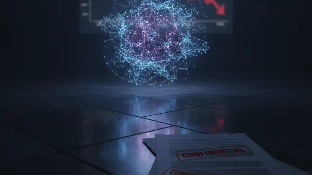 Abstract AI network glowing over confidential documents, reflecting downward stock graphs.