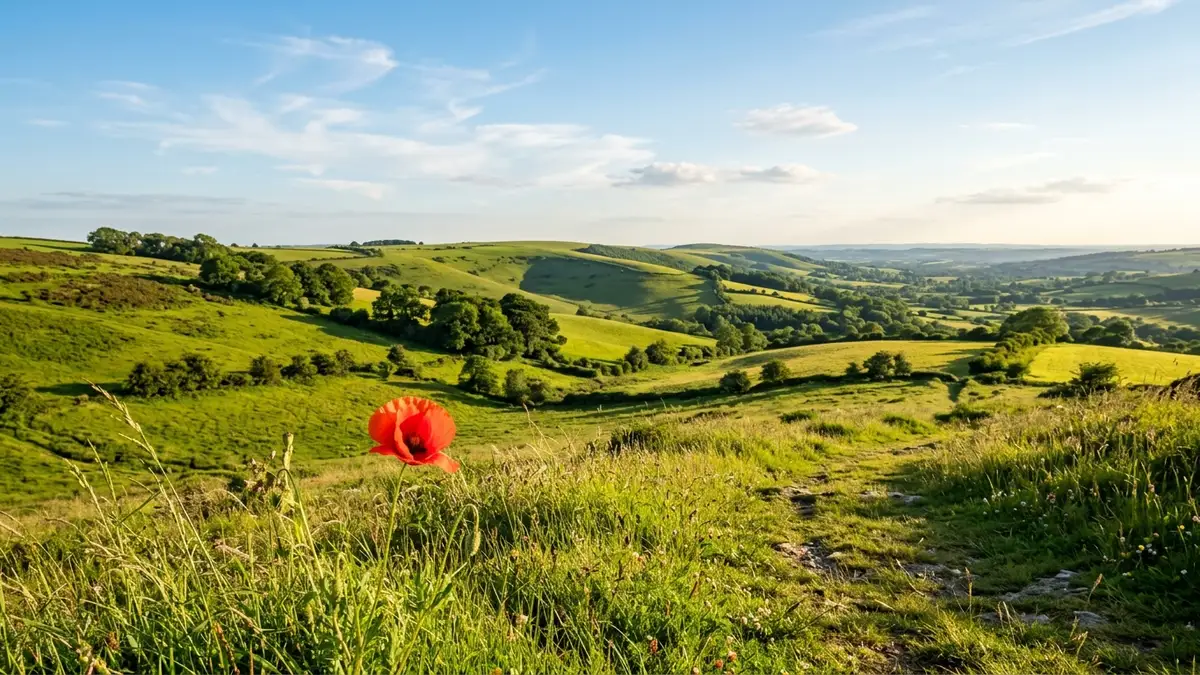 Sun-drenched British countryside hill with a red poppy, clear blue sky.