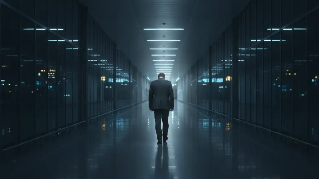 A lone figure in a suit walks down a long, empty airport corridor.