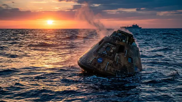 Orion spacecraft capsule floating in the ocean at sunset, recovery ship in distance.