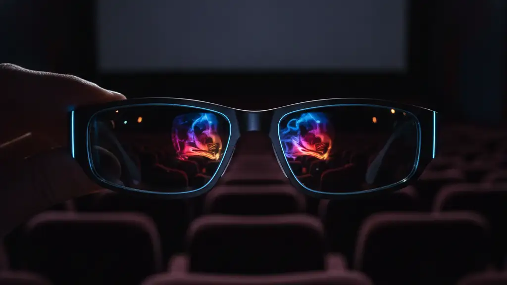 Smart glasses reflecting a movie screen in a dark, empty cinema.
