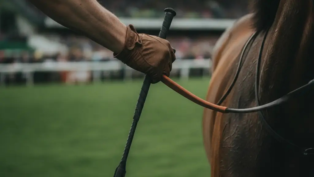 Jockey's gloved hand gripping reins, horse's neck, blurred racecourse background.