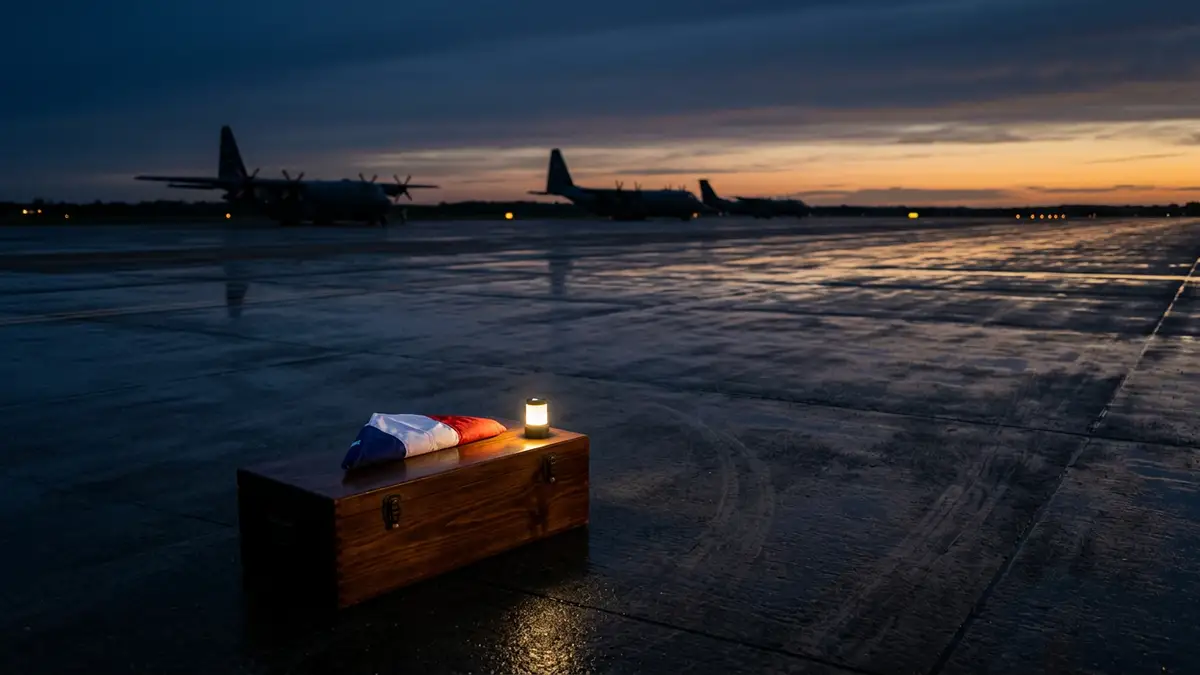 A folded French flag on a wooden crate at a dimly lit military airfield at dusk.
