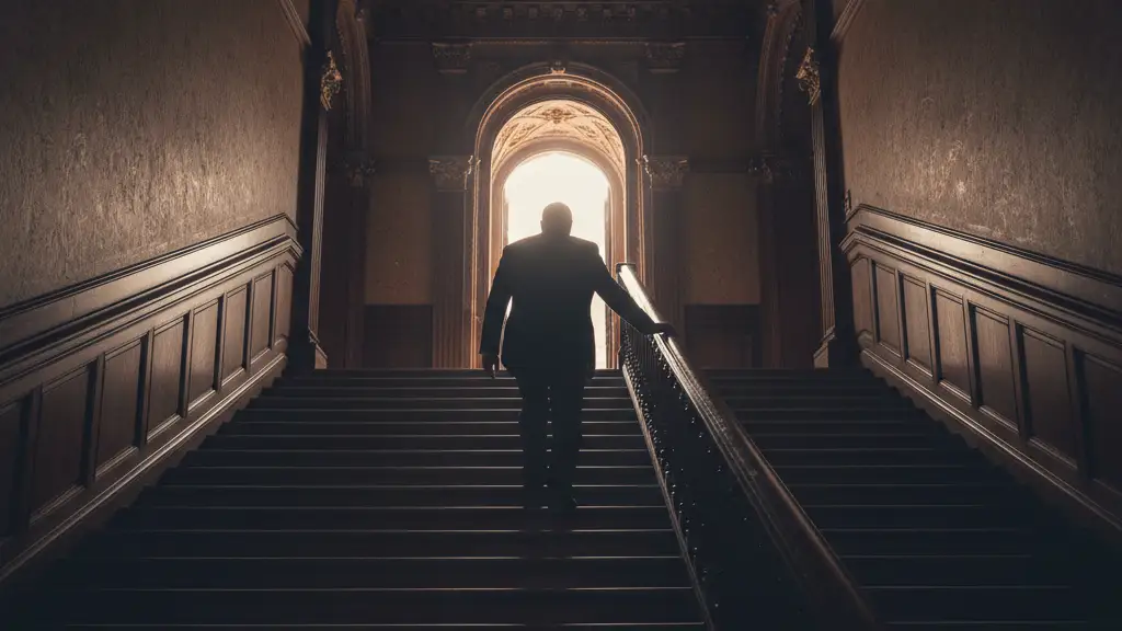 Silhouetted figure ascending grand parliamentary staircase towards bright light.