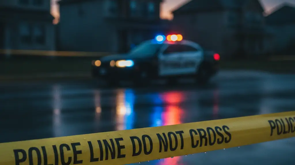 Police tape with emergency lights reflecting on wet pavement in a suburban setting.
