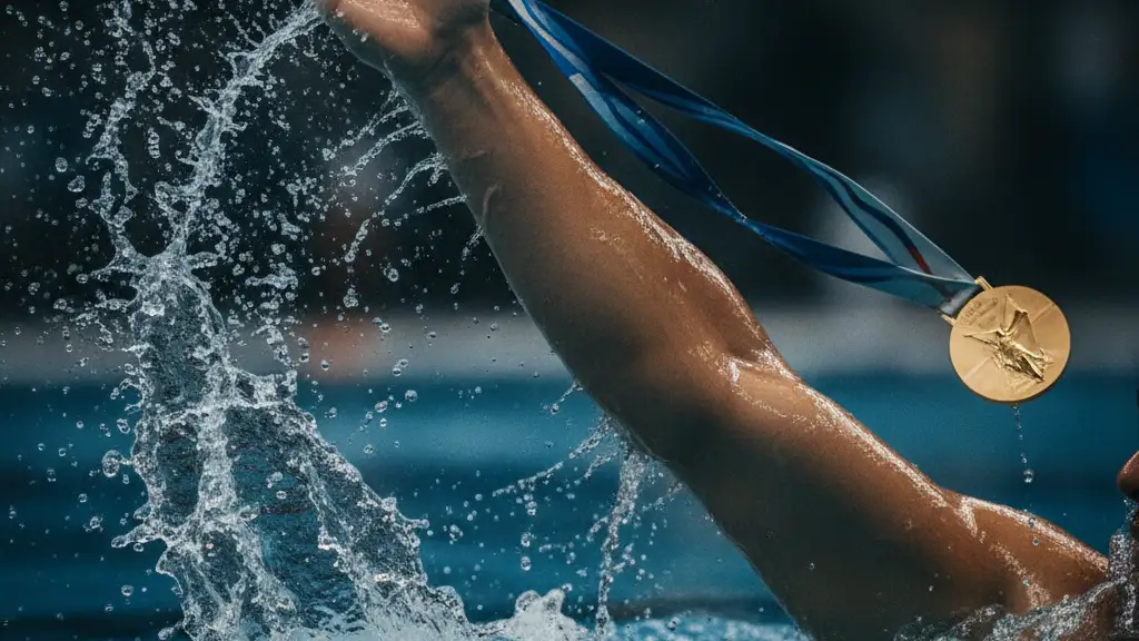 Swimmer's arm breaking water, blurred gold medal visible, stadium lights in background.