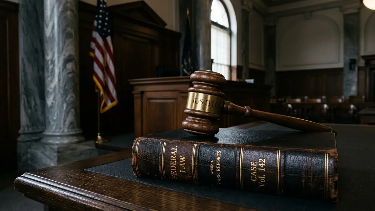 A wooden gavel resting on a law book in a courtroom setting.