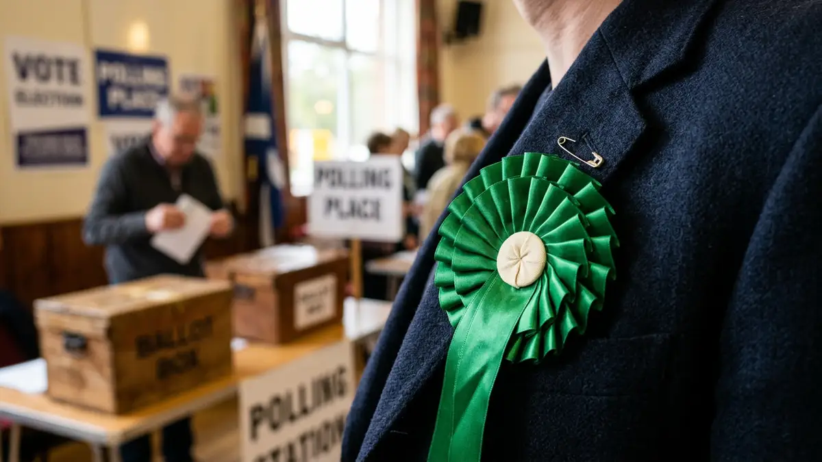 A green political rosette pinned to a suit jacket in a blurred polling station.
