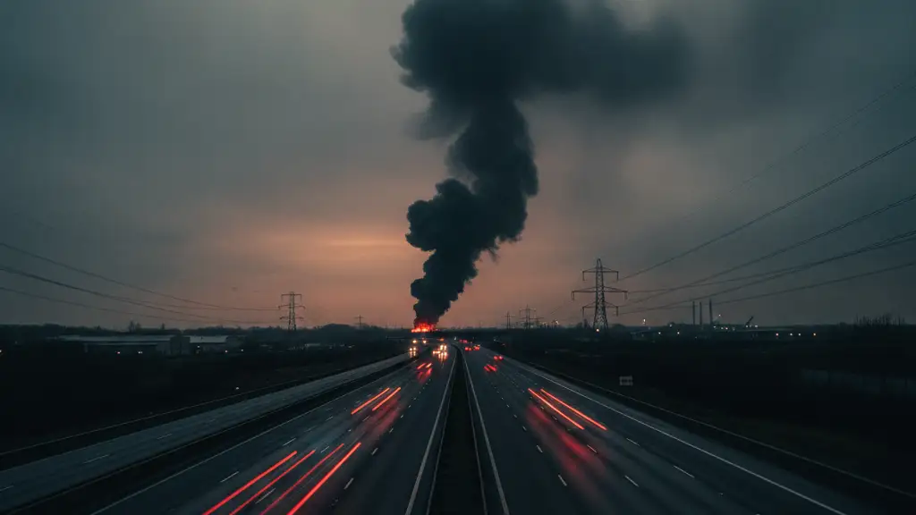 Thick smoke rising from an industrial estate near a closed section of the M25 motorway.