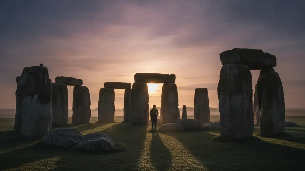 A lone silhouette stands among the ancient stones of Stonehenge at dawn.