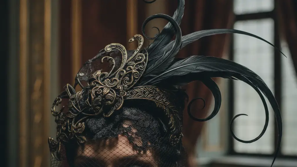 An ornate, sculptural fascinator with dramatic lighting, against a blurred background.